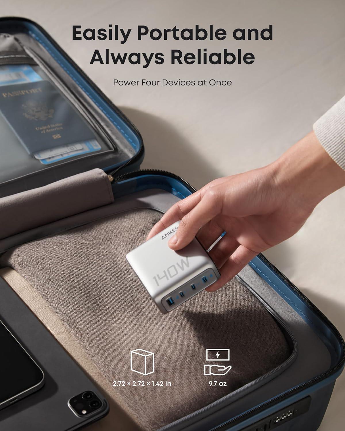 Anker 140W Charger 4-Ports With Usb-C Cable -Silver - Tashqila Anker 140W Charger 4-Ports With Usb-C Cable -Silver - Tashqila